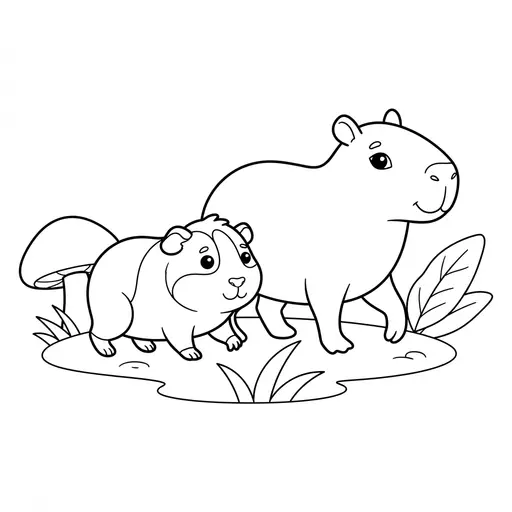 Coloring page of a gunea pig and his friend the capybara — exploring outside by Shaunie