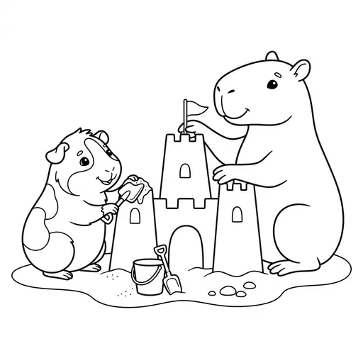 Coloring page of a gunea pig and his friend the capybara — building a sandcastle by Shaunie