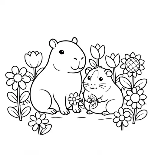 Coloring page of a gunea pig and his friend the capybara — in a garden of flowers by Shaunie