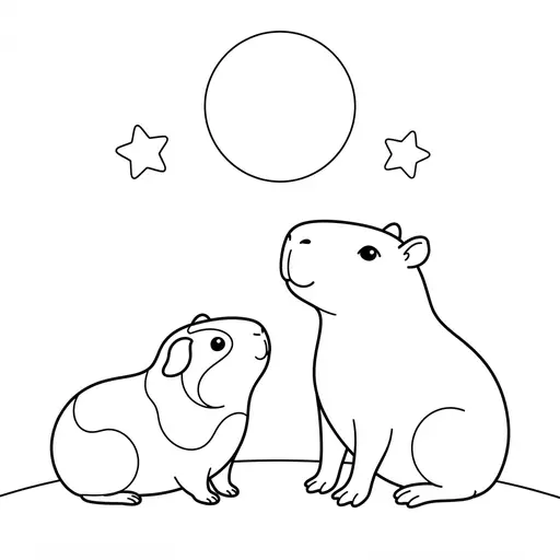 Coloring page of a gunea pig and his friend the capybara — staring at the moon by Shaunie