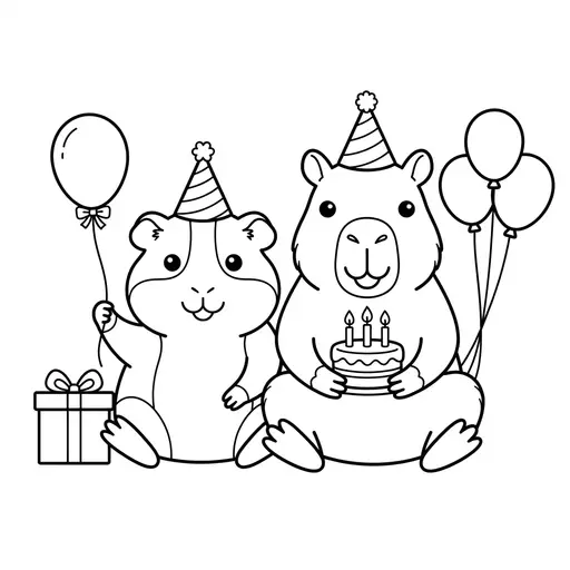 Coloring page of a gunea pig and his friend the capybara — having a birthday party by Shaunie
