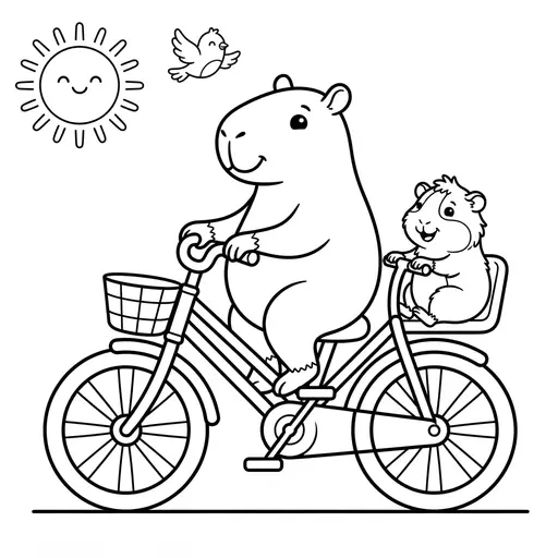 Coloring page of a gunea pig and his friend the capybara — riding a bicycle by Shaunie