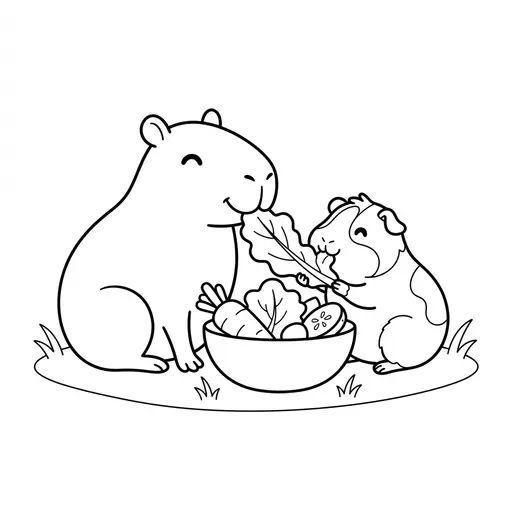 Coloring page of a gunea pig and his friend the capybara — having a snack by Shaunie