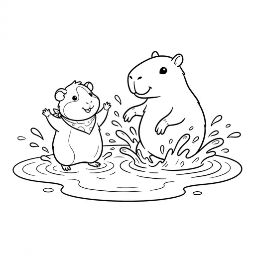 Coloring page of a gunea pig and his friend the capybara — splashing in puddles by Shaunie