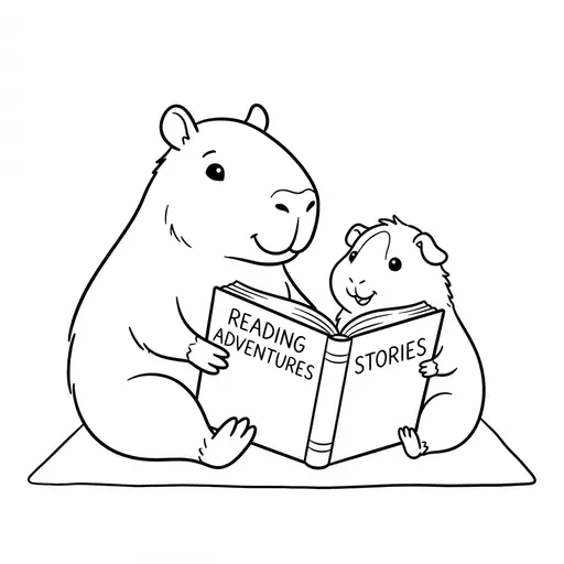 Coloring page of a gunea pig and his friend the capybara — reading a book by Shaunie