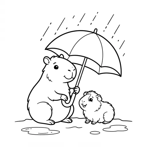 Coloring page of a gunea pig and his friend the capybara — under an umbrella in the rain by Shaunie