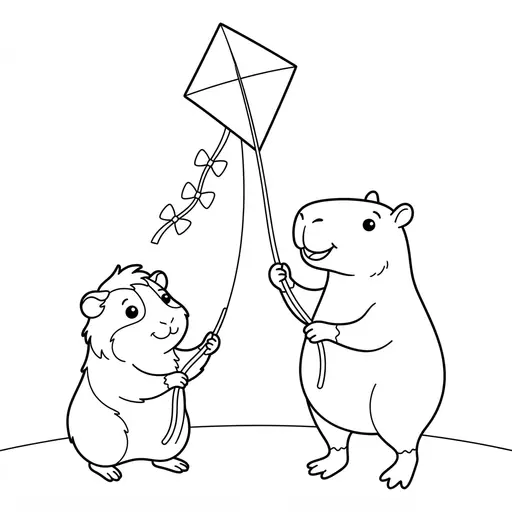 Coloring page of a gunea pig and his friend the capybara — flying a kite by Shaunie