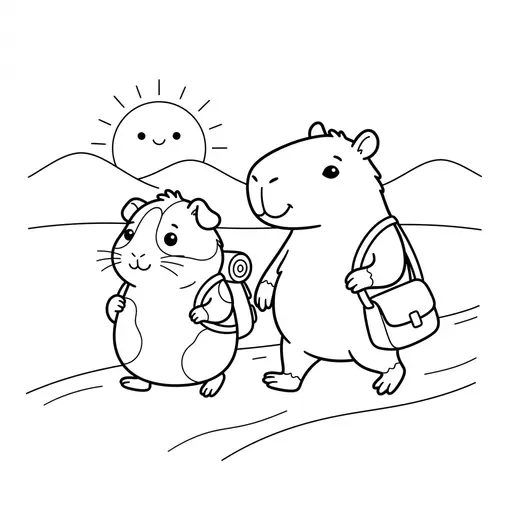 Coloring page of a gunea pig and his friend the capybara — going on an adventure by Shaunie